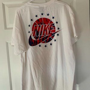 Nike Men's Stitched White Tshirt with Red and Blue Basketball Emblem